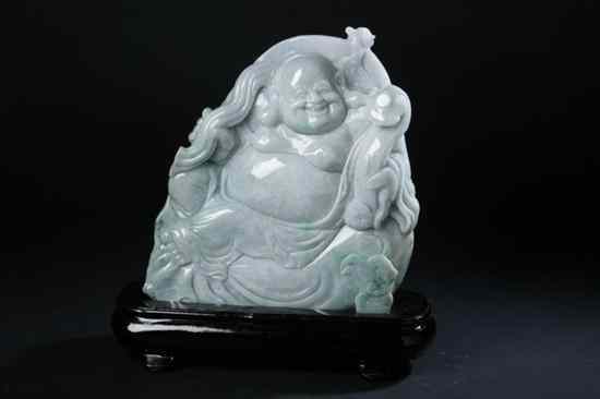 Appraisal: CHINESE APPLE GREEN AND CELADON JADEITE FIGURE OF BUDDHA -