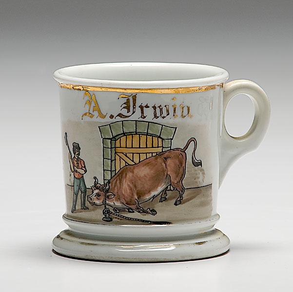 Appraisal: SLAUGHTERHOUSE OCCUPATIONAL SHAVING MUG porcelain with polychrome scene of man