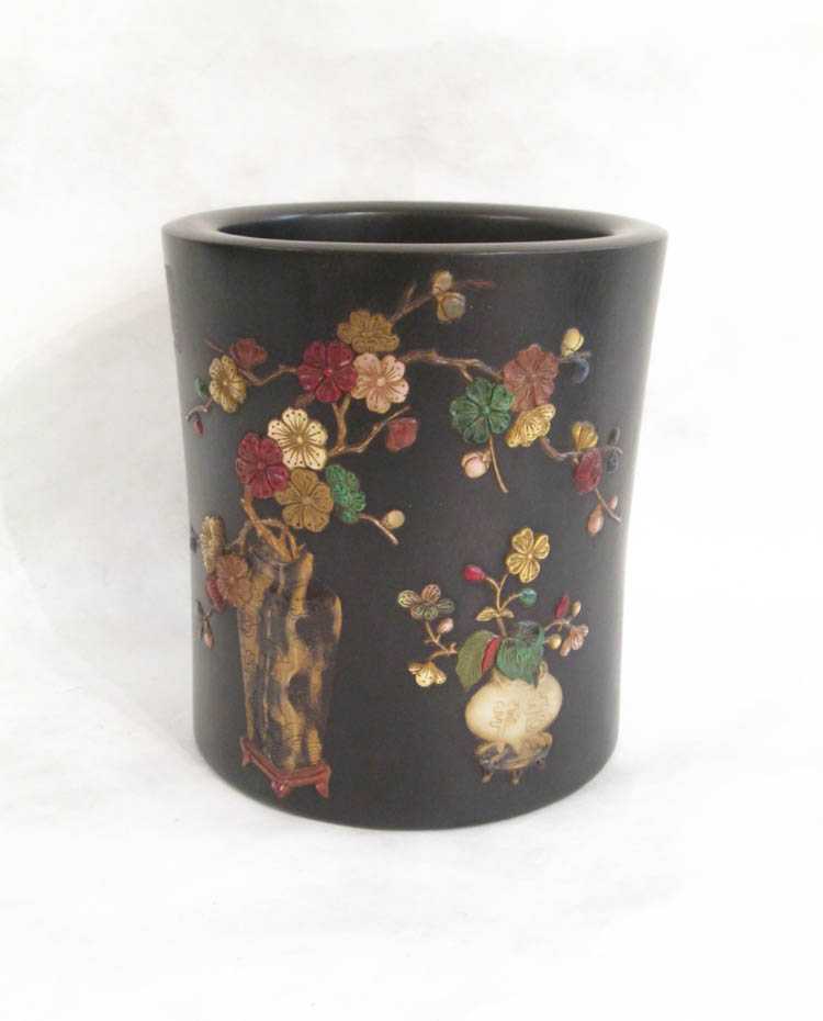 Appraisal: CHINESE HARDWOOD BRUSH POT with applied mother of pearl and