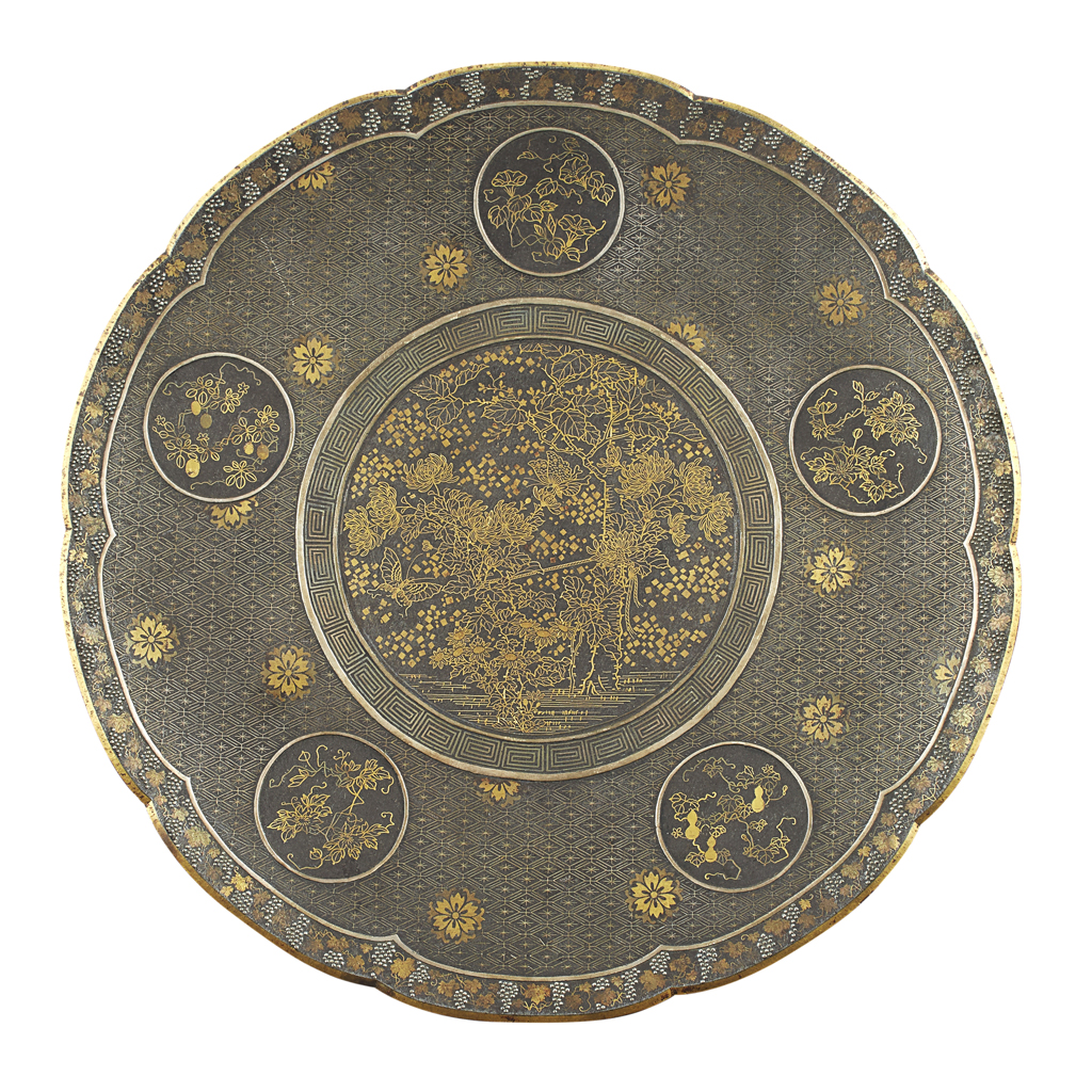 Appraisal: INLAID IRON LOBED DISH MEIJI PERIOD worked throughout in silver