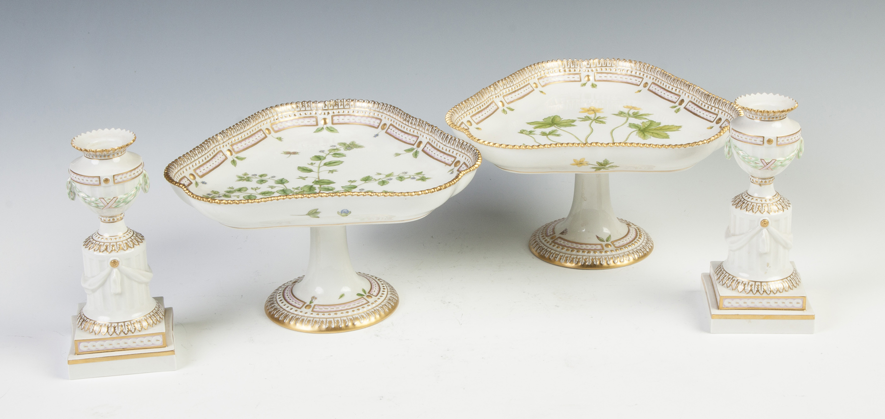 Appraisal: Royal Copenhagen Flora Danica Compotes Similar Candlesticks Compotes Veronica agrestis