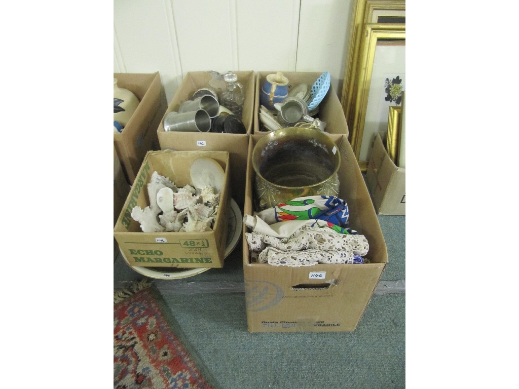 Appraisal: Four boxes of china glass linen and brass sea shells