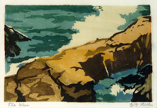 Appraisal: WILLIAM RICE Color woodblock print The Wave depicting a rocky