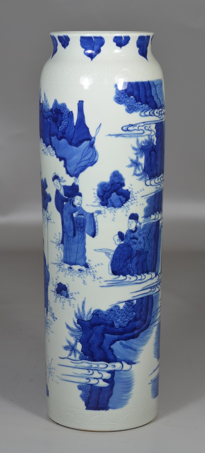 Appraisal: Cylindrical Chinese porcelain vase with blue decoration figures on horseback