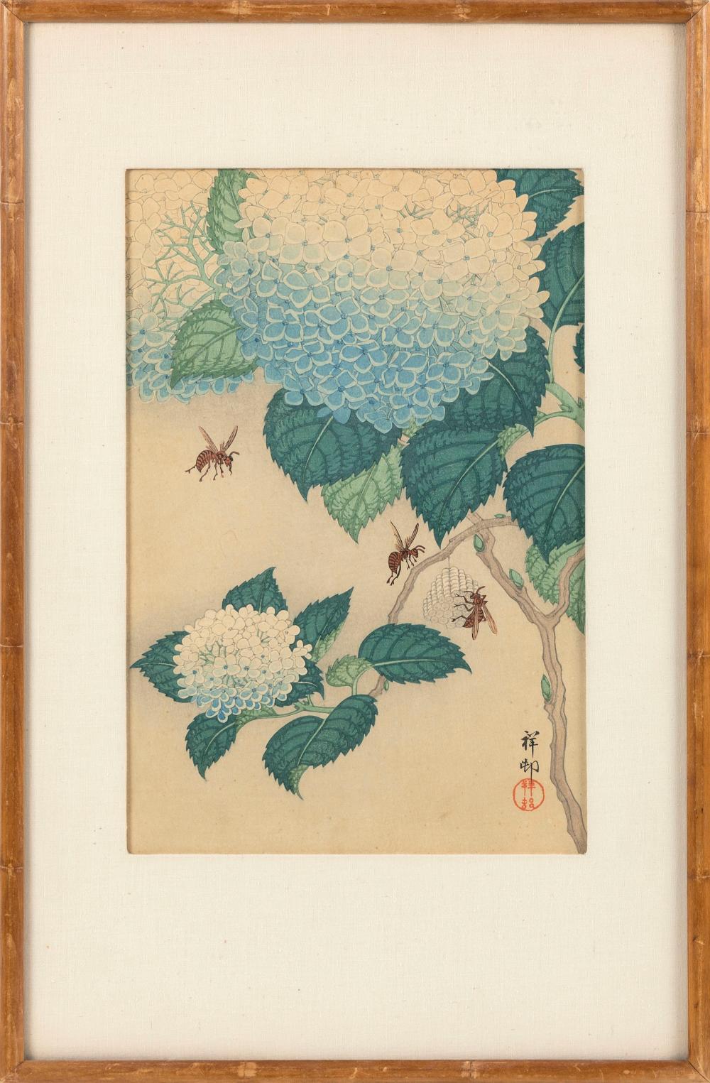 Appraisal: OHARA KOSON JAPAN - HYDRANGEA AND WASPS WOODBLOCK PRINT OBAN