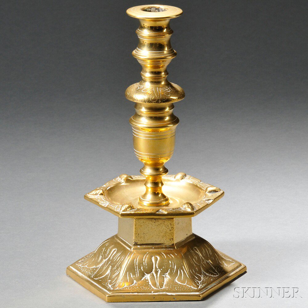 Appraisal: th Century Cast Brass Hexagonal-base Candlestick probably northern Europe heavy