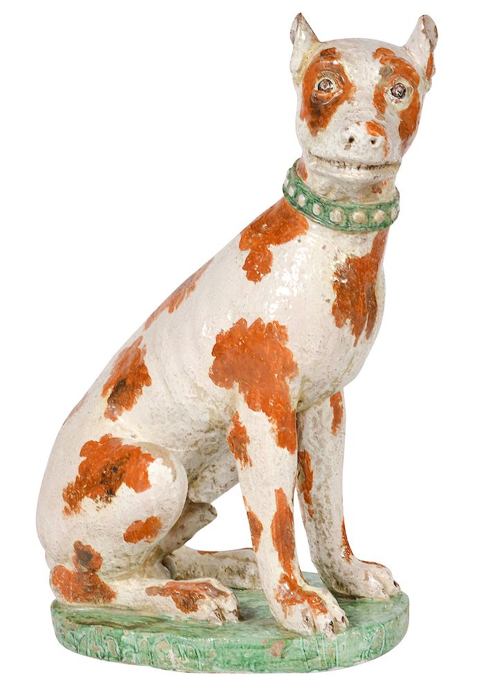 Appraisal: LARGE th C French Painted Ceramic Sitting Dog French painted