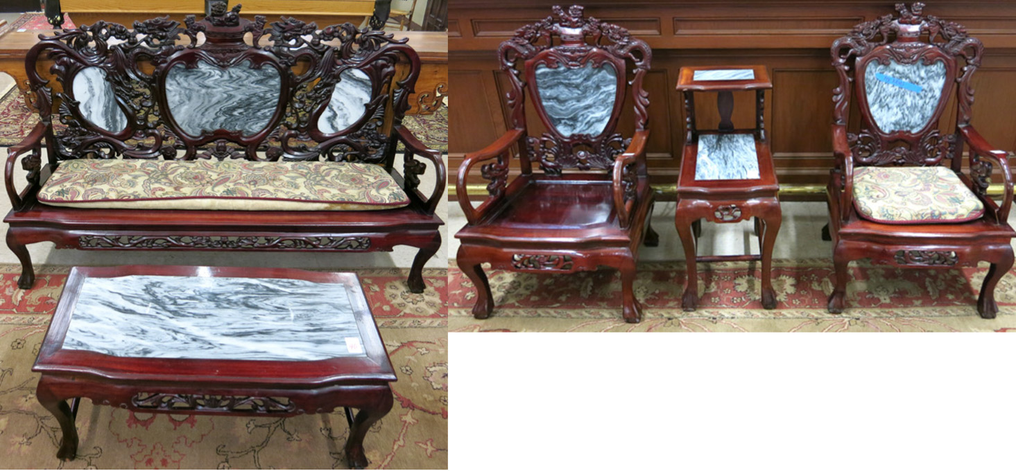 Appraisal: FIVE-PIECE SEATING FURNITURE AND TABLE SET Chinese th century the