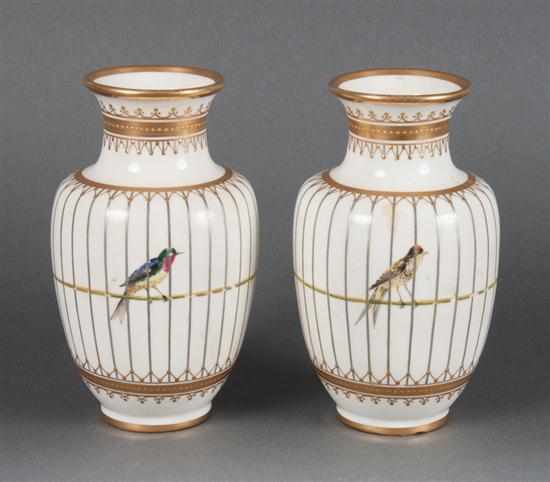 Appraisal: Pair of Minton bird and parcel-gilt decorated china vases late