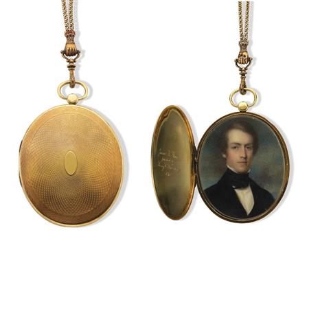 Appraisal: Antique Gold and Portrait Miniature Locket with Long Gold Muff