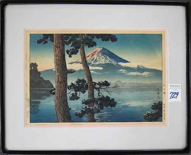 Appraisal: JAPANESE COLOR WOODCUT depicting Mount Fuji at sunset in the