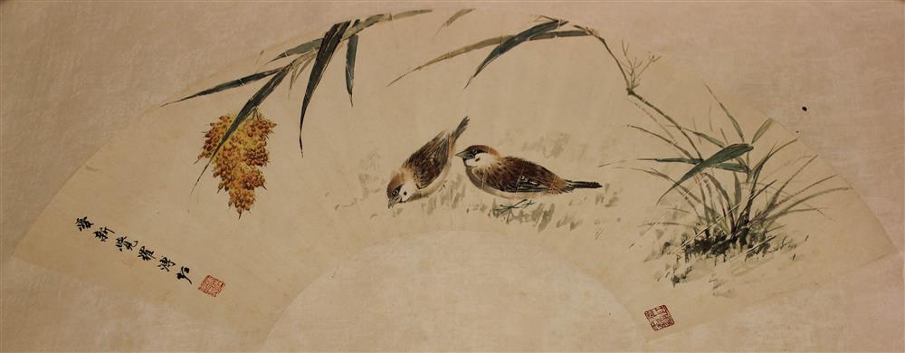 Appraisal: PU ZUO CHINESE TWO FANS OF BIRDS Ink and color