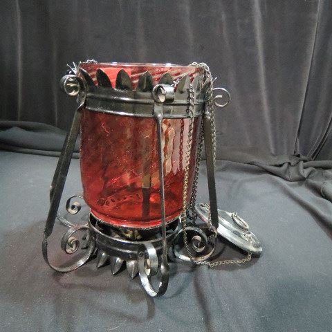 Appraisal: Cranberry Art Glass Hanging Light iron holder victorian