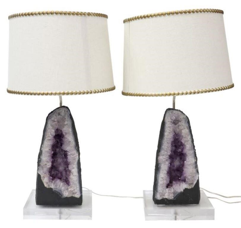 Appraisal: pair Amethyst geode specimen table lamps each in cathedral shape