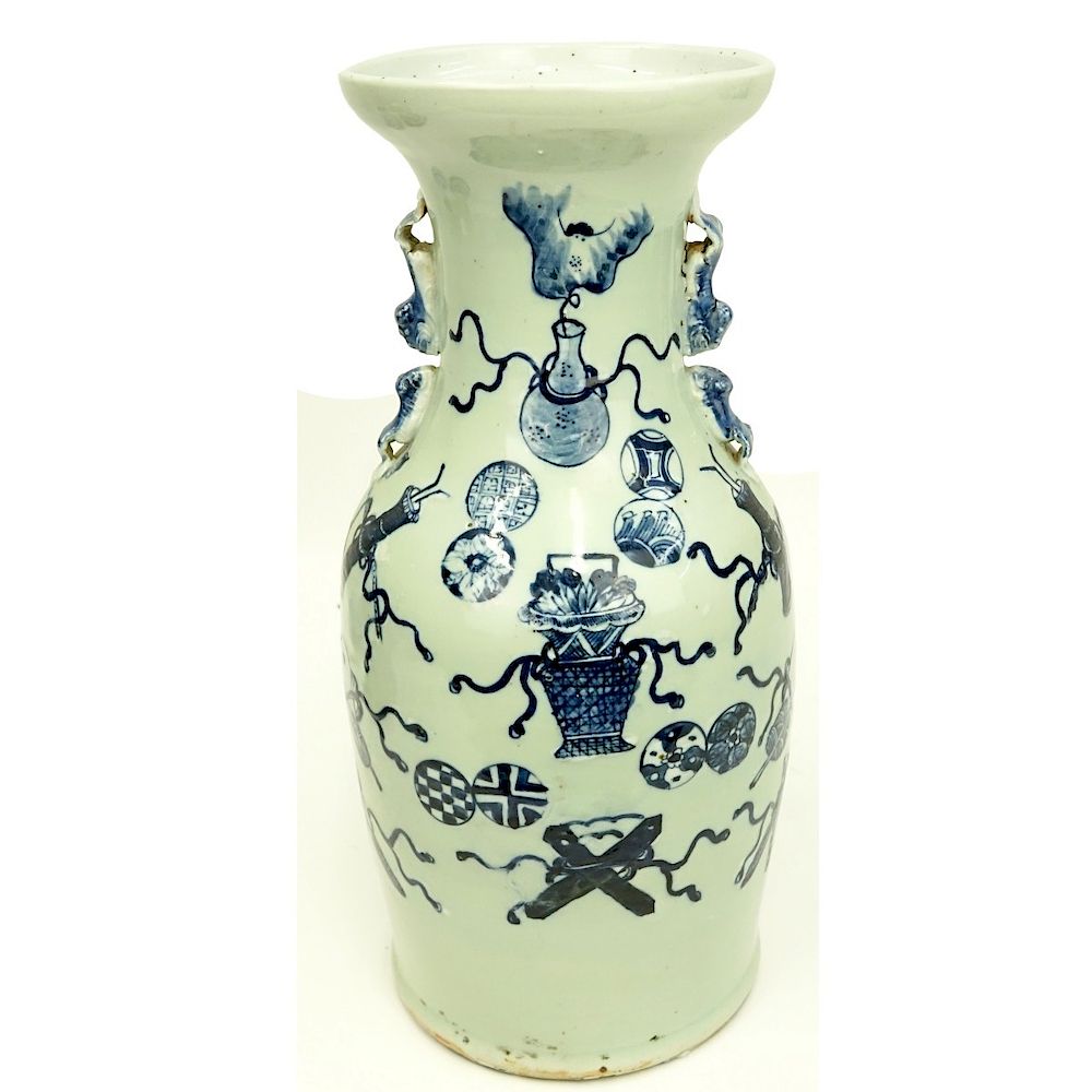 Appraisal: Chinese Blue White Porcelain Handled Vase Chinese Blue White Porcelain