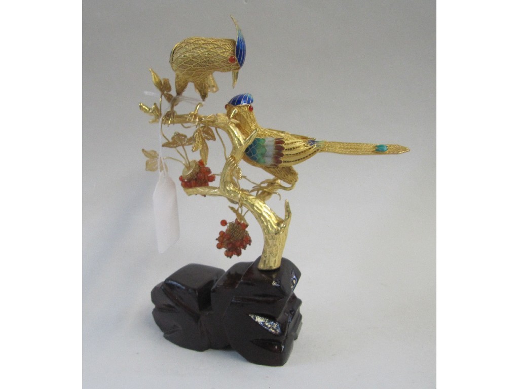 Appraisal: Filigree gilt metal and enamel figure group - pair of