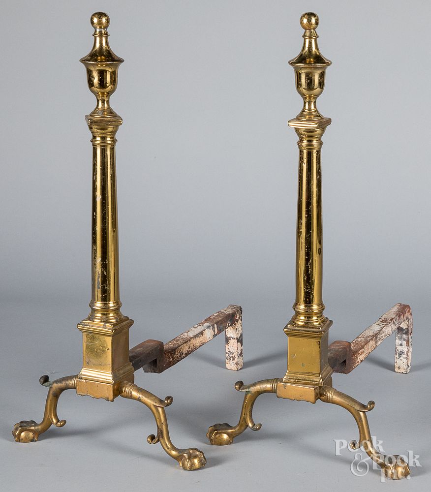 Appraisal: Pair of Federal style brass andirons Pair of Federal style