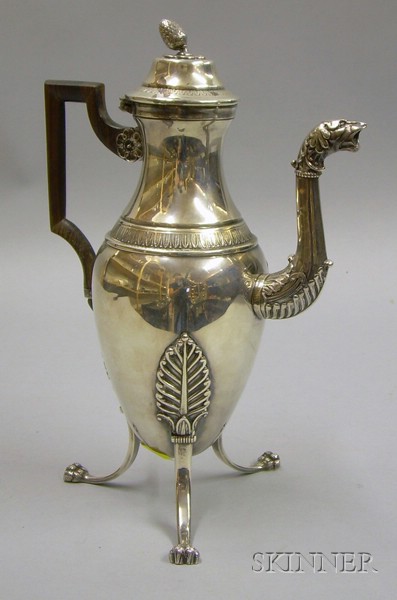 Appraisal: French Empire-style White Metal Coffeepot amphora-form with leaf-topped legs beast