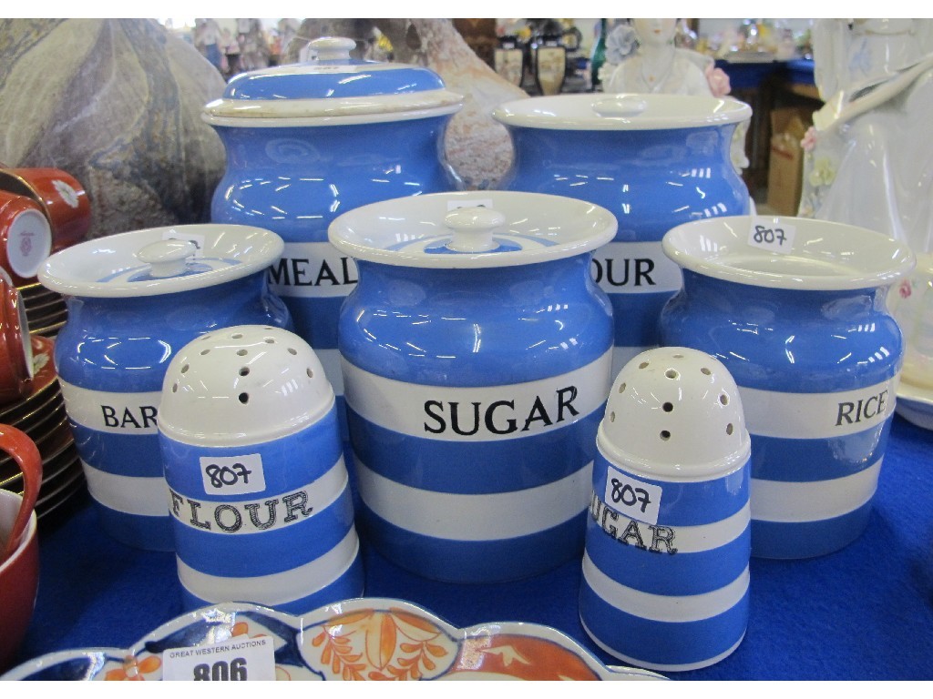 Appraisal: Six T G Green blue and white striped storage jars