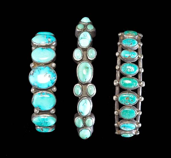 Appraisal: Three Navajo bracelets Each inlaid with turquoise stones of varying