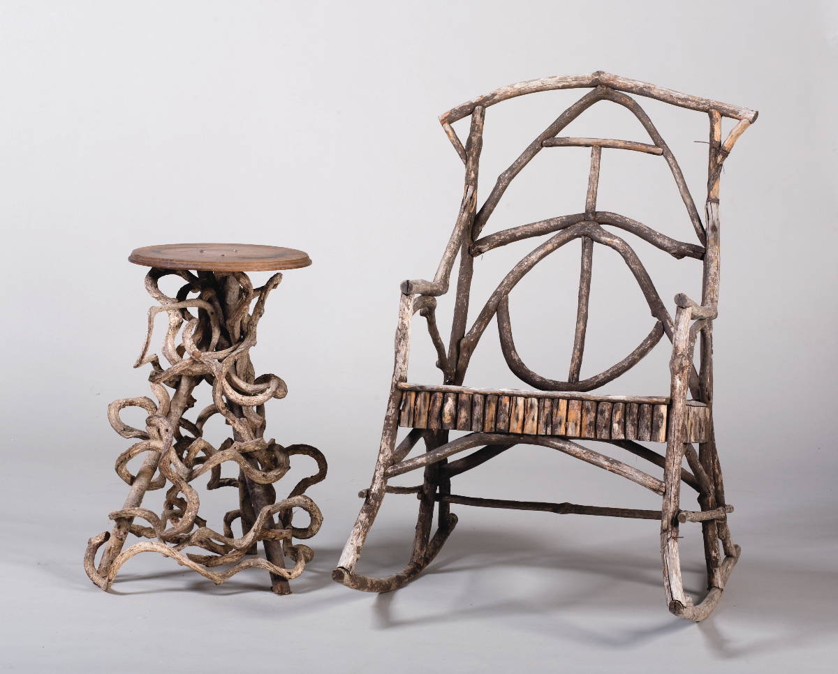 Appraisal: ADIRONDACK ROOT-FORM CIRCULAR SIDE TABLE Together with a similar rocking