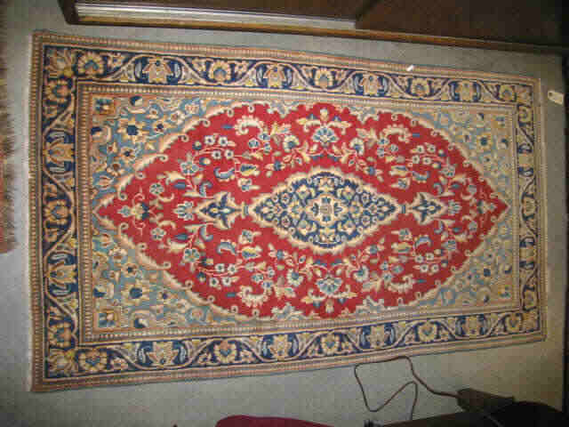 Appraisal: Kerman Persian Handmade Rug floral blues ivory on red '