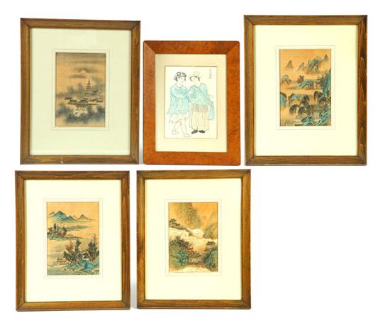 Appraisal: FIVE FRAMED PICTURES Asian th century Four scenic paintings on