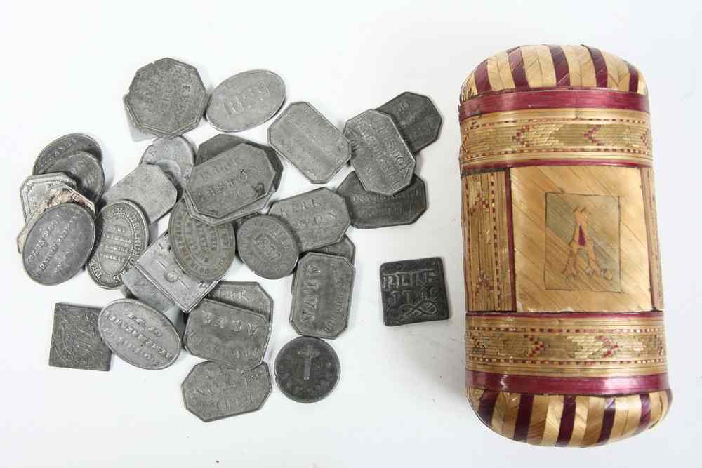 Appraisal: STRAW BOX OF COMMUNION TOKENS - late th-early th c