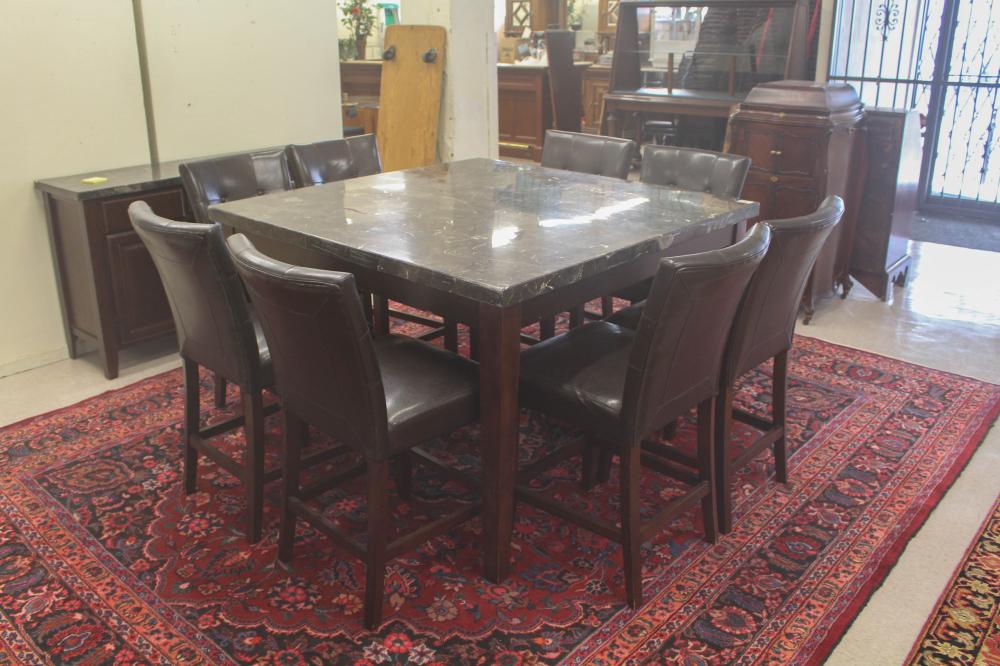 Appraisal: SQUARE MARBLE-TOP DINING TABLE EIGHT CHAIRS AND BUFFET SET made