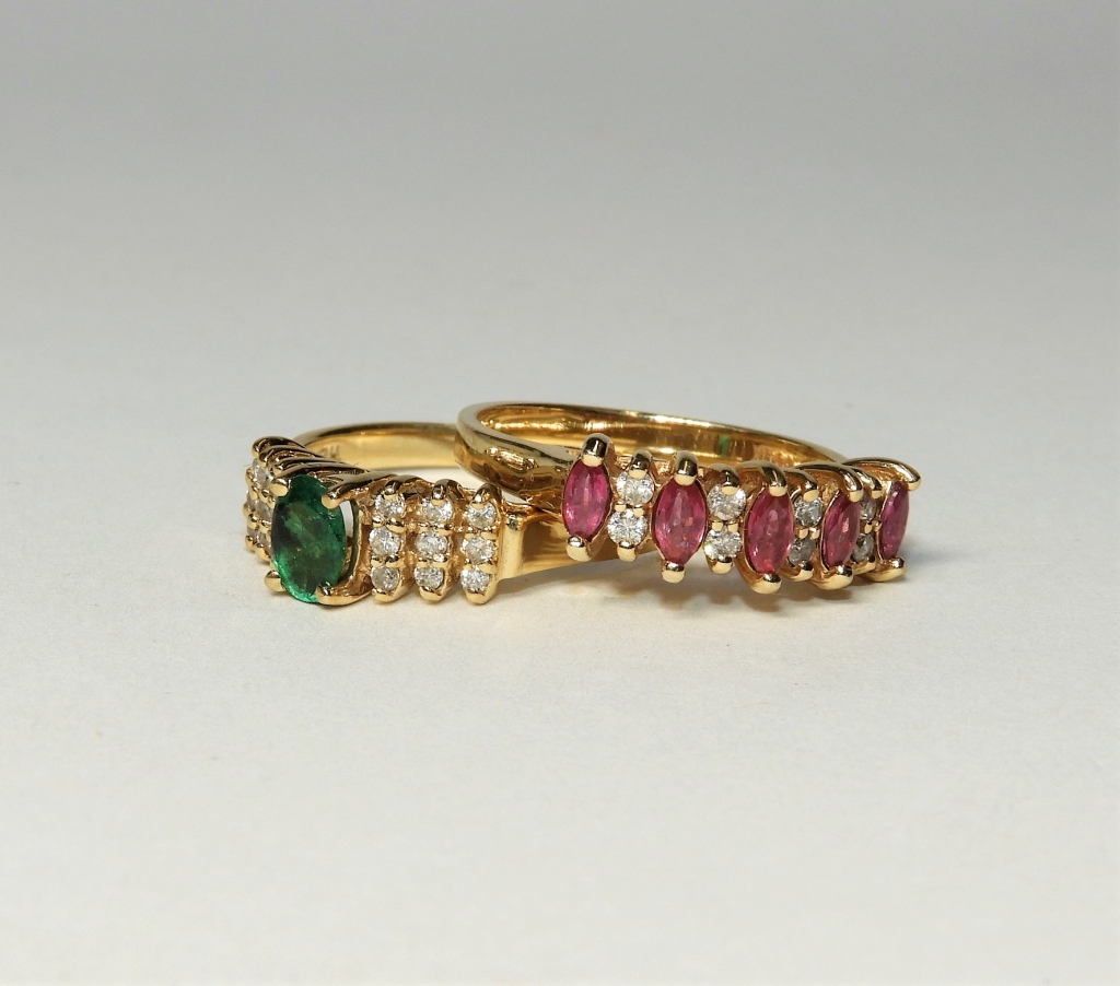 Appraisal: TWO ESTATE KT GOLD DIAMOND EMERALD RUBY RINGS th CenturyIncludes