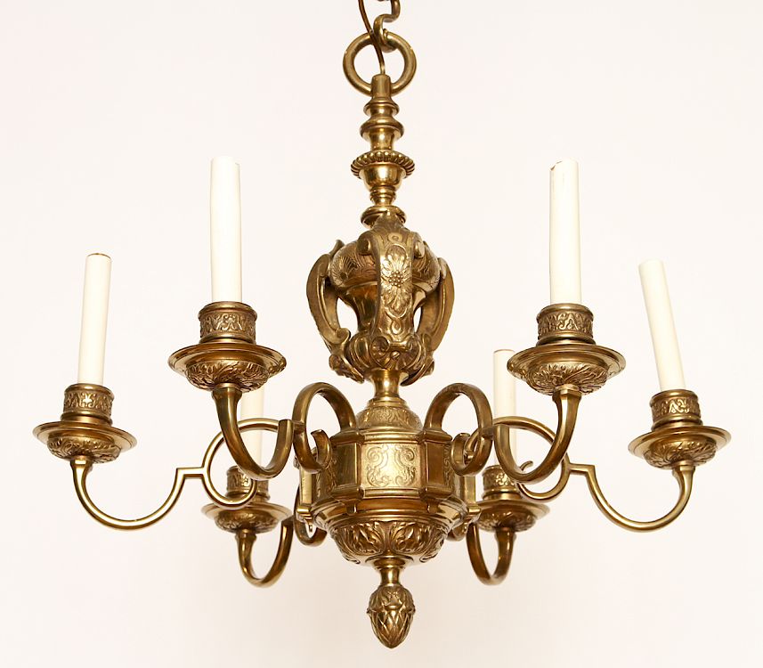 Appraisal: AN AMERICAN BRASS SIX LIGHT CHANDELIER An American brass six