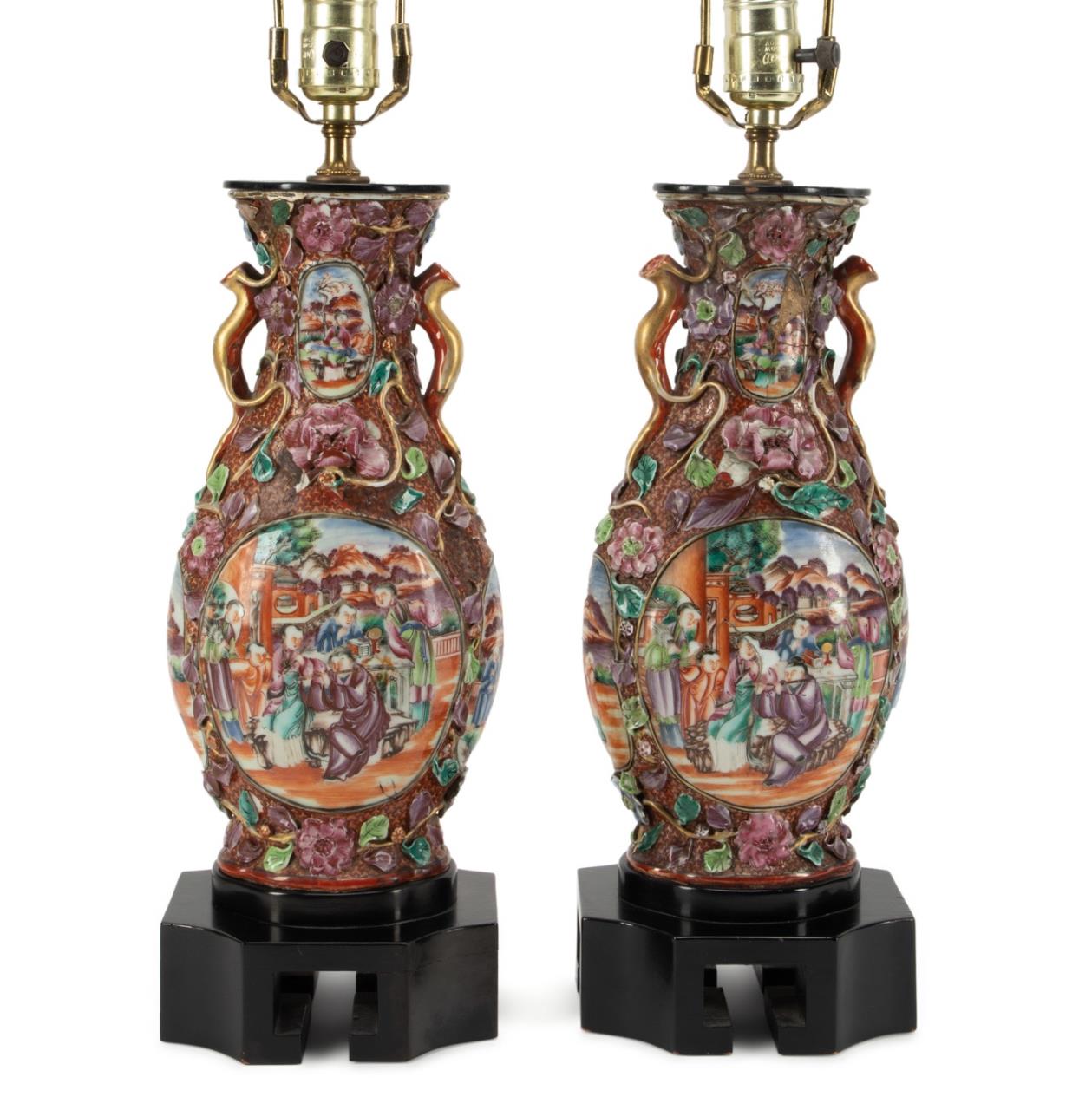 Appraisal: PAIR ROSE MANDARIN VASES MOUNTED AS LAMPS Pair of Chinese