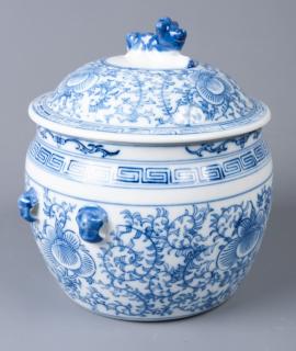 Appraisal: Chinese Blue White Lidded Pot With floral motif and animal