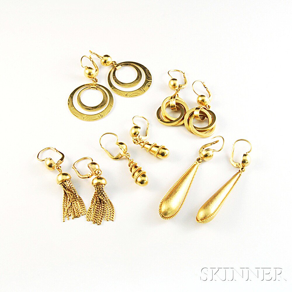 Appraisal: Five Pairs of kt Gold Earrings total dwt Estimate -