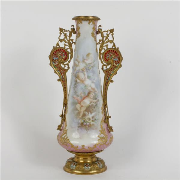 Appraisal: French hand painted porcelain vase with champleve and plique-a-jour enamel