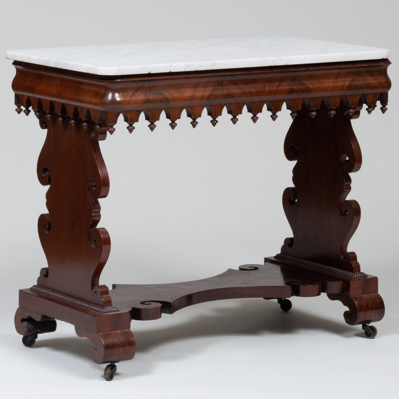 Appraisal: Gothic Revival Carved Mahogany Marble Top Table x x in