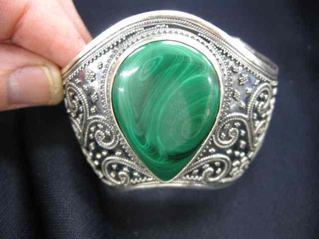 Appraisal: Malachite Sterling Bracelet rich greenstone in fancy beadwork cuff setting