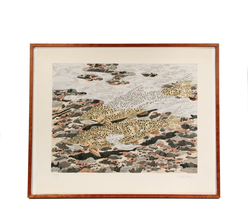 Appraisal: NEIL WELLIVER ME - - Trout and Reflection handcolored etching