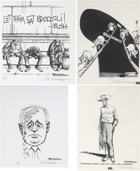 Appraisal: Group of six framed political cartoon lithographs by Paul Conrad