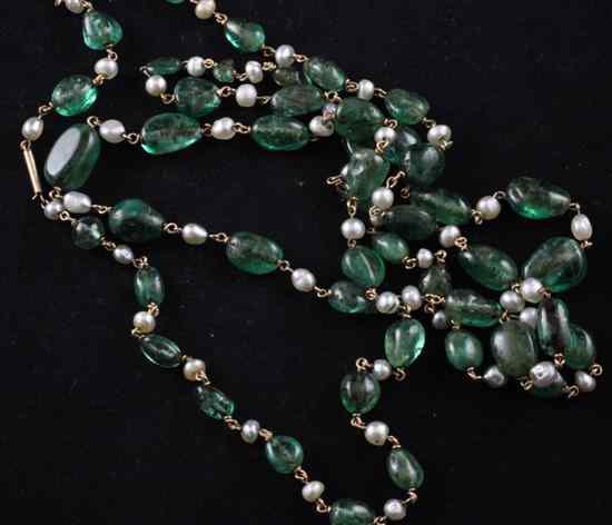 Appraisal: A gold seed pearl and cabochon emerald bead necklace in