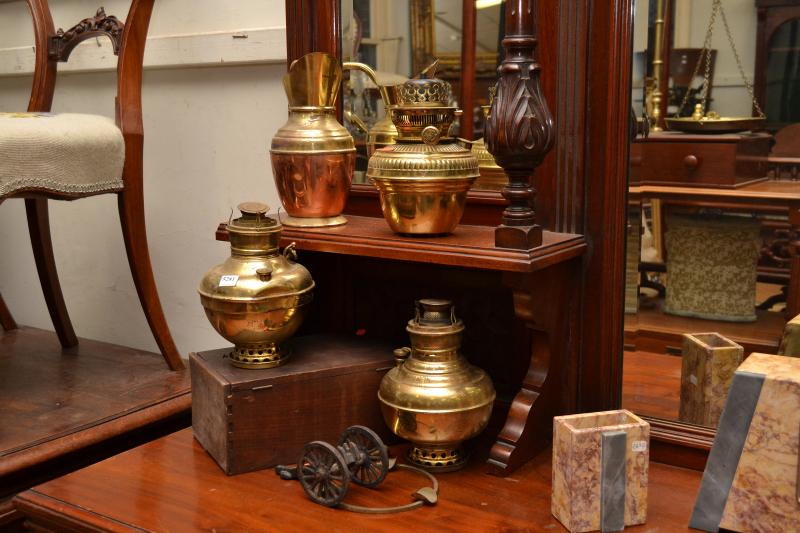 Appraisal: THREE KEROSENE LAMPS A MICROSCOPE A MINIATURE BRASS CANNON AND