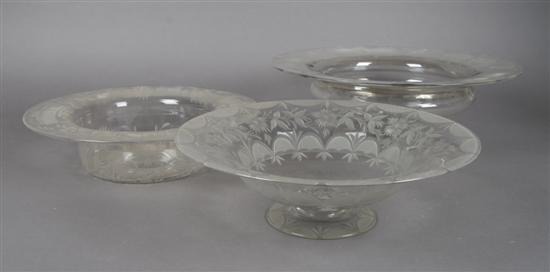 Appraisal: A Collection of Three Etched Glass Centerbowls Diameter inches