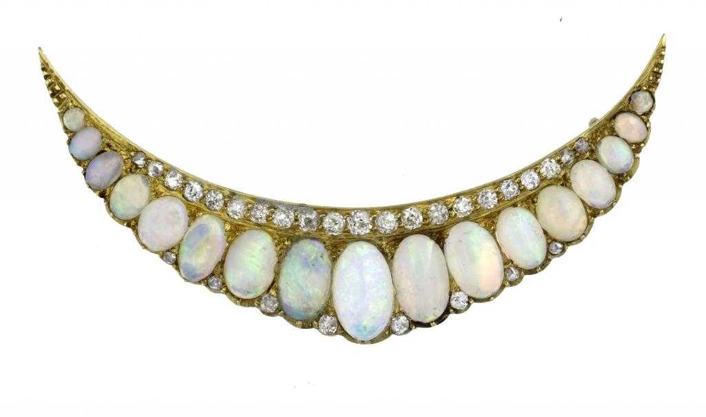 Appraisal: AN OPAL AND DIAMOND CRESCENT BROOCH in gold early th