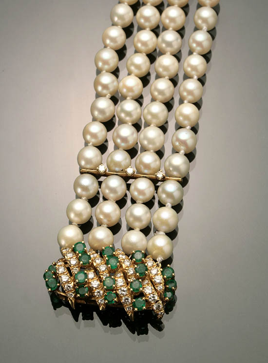 Appraisal: Diamond Emerald and Four-Strand Cultured Pearl Bracelet The four-strands having