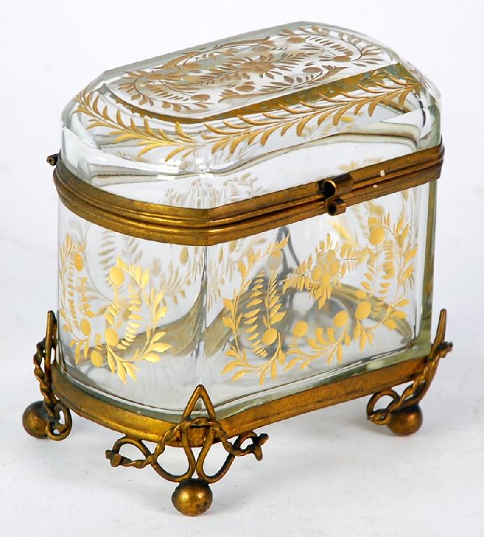 Appraisal: th CENTURY FLORAL ENGRAVED AND GILT GLASS CASKET oblong with