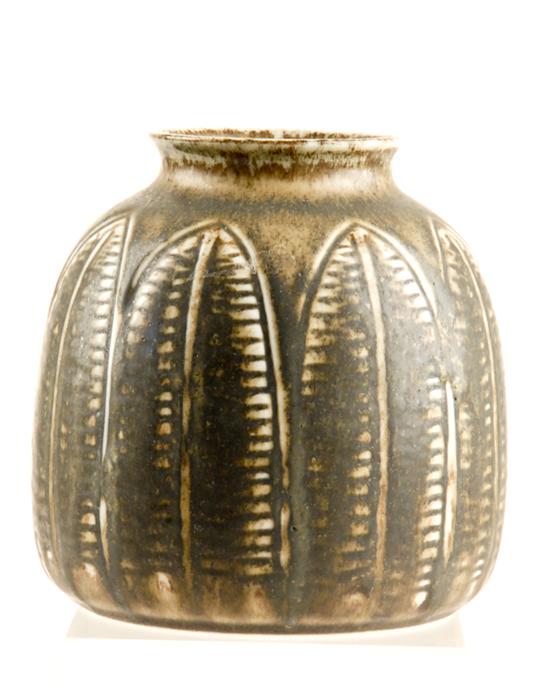 Appraisal: Royal Copenhagen Vase with incised leaf decoration Olive brown color