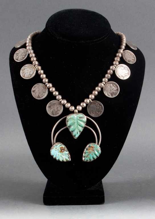 Appraisal: Silver Buffalo Nickel and turquoise necklace composed of ten Indian