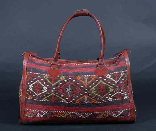 Appraisal: LARGE TURKISH KILIM BAG Made in Turkey label With mahogany