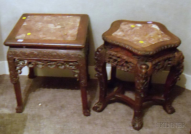 Appraisal: Two Chinese Export Marble-inset Carved Hardwood Stands