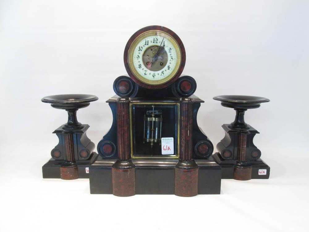 Appraisal: THREE-PIECE FRENCH CLOCK SET black slate and rose breccia marble